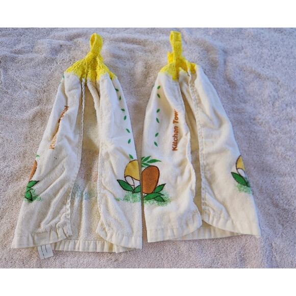 2 Vtg Mushroom Kitchen dish towels Crochet Hanging Hand Towel Yellow Kitsch - Picture 2 of 11